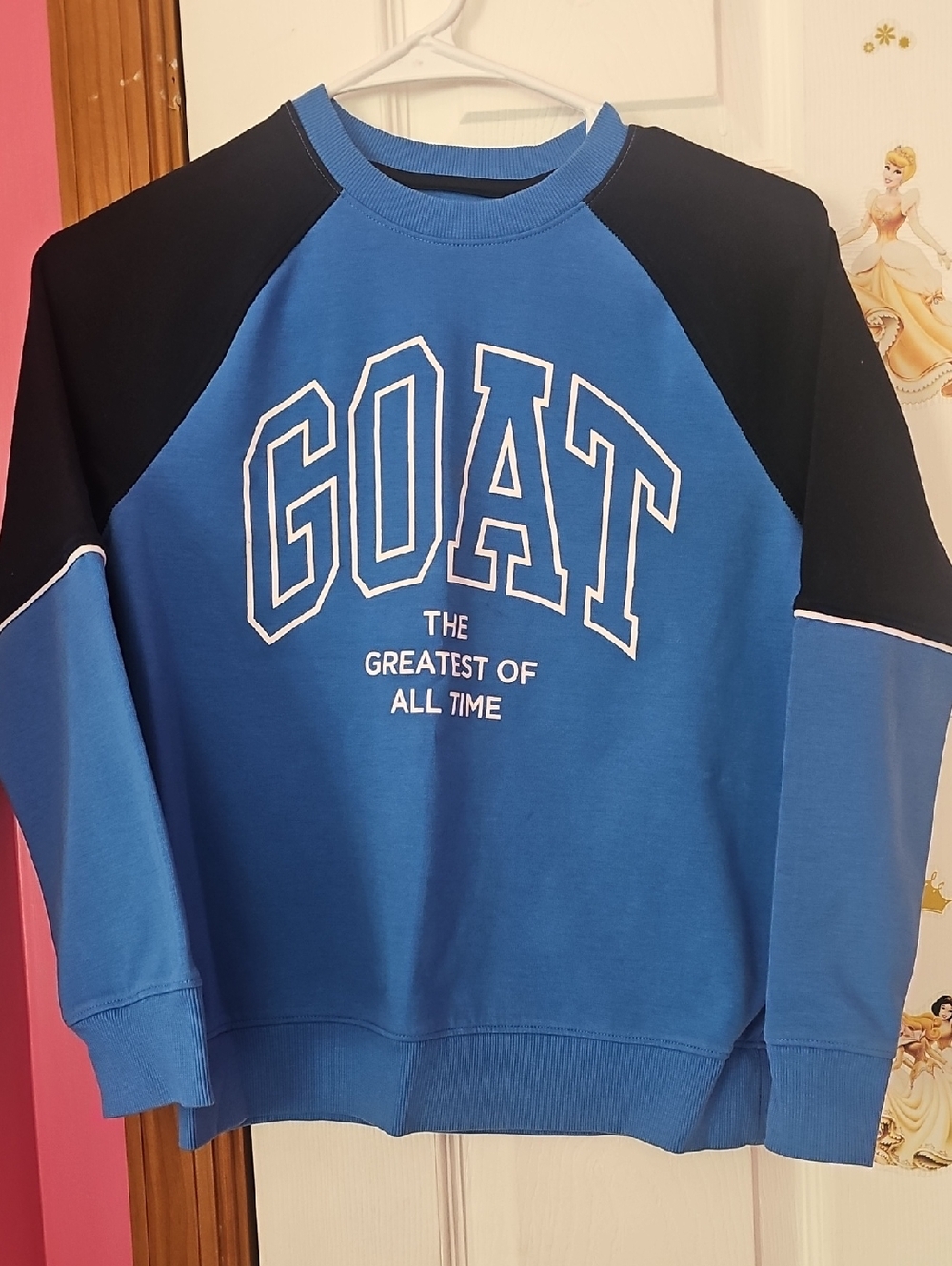 Old Navy Blue and Black Raglan 'GOAT' Crewneck Sweatshirt